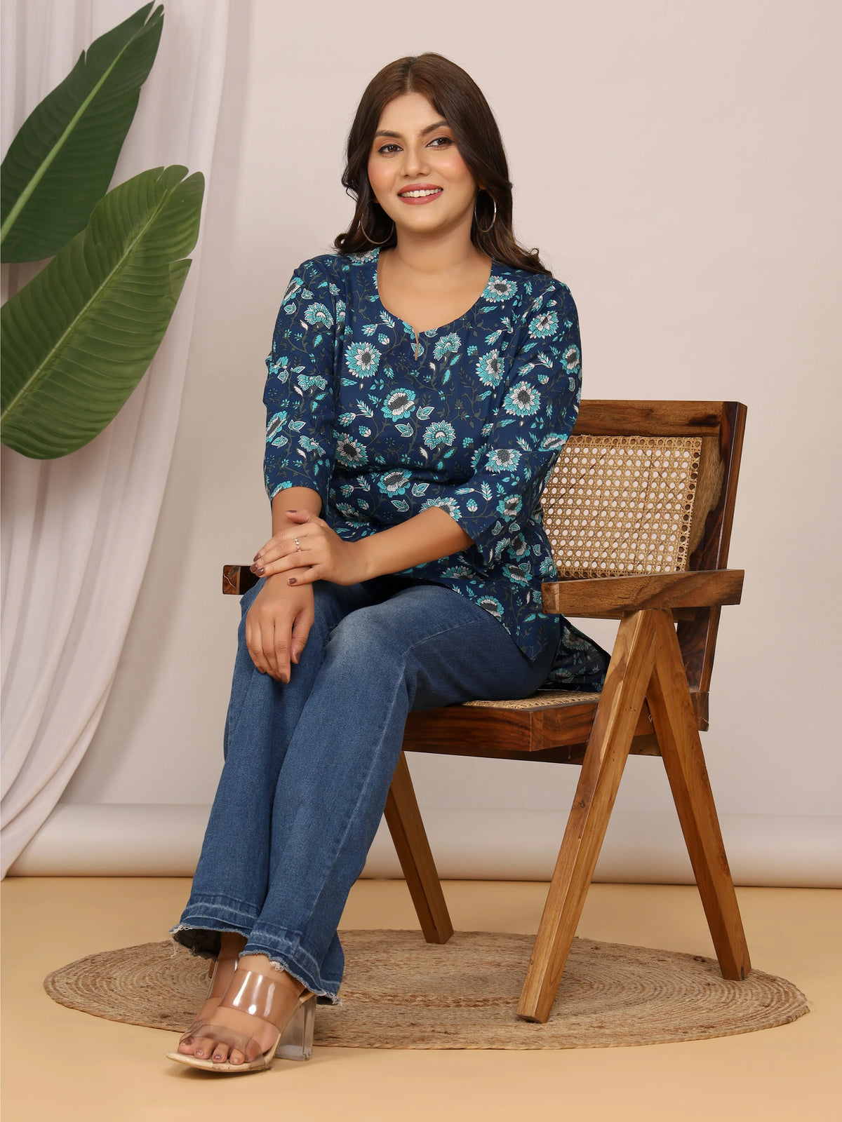 Sanganeri Navy Blue & Aqua Floral Print Cotton Top