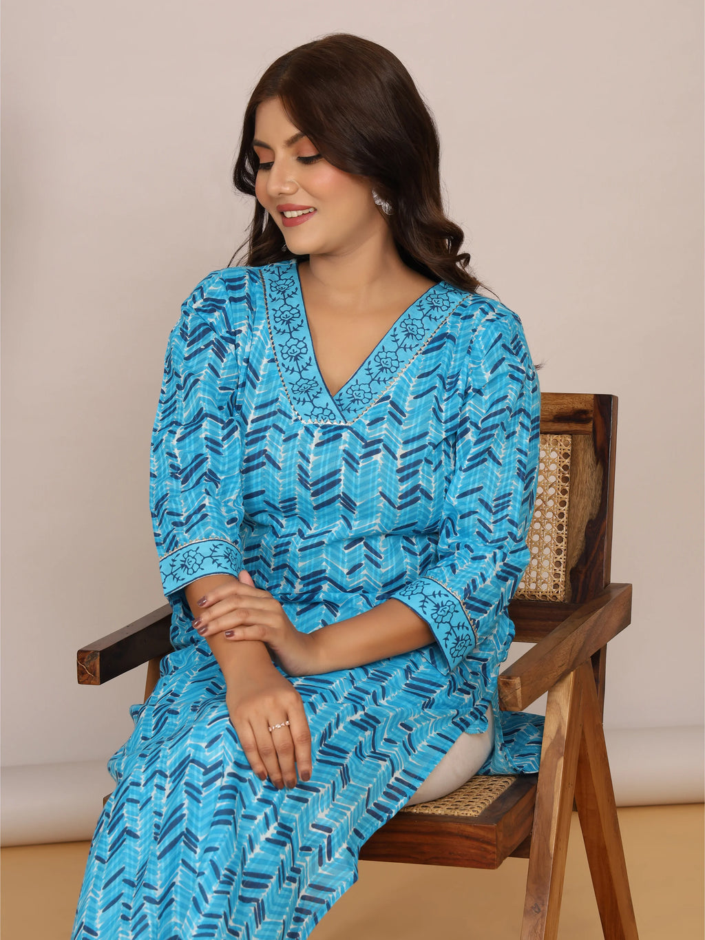 Sanganeri Zig Zag Print Blue Cotton Kurti