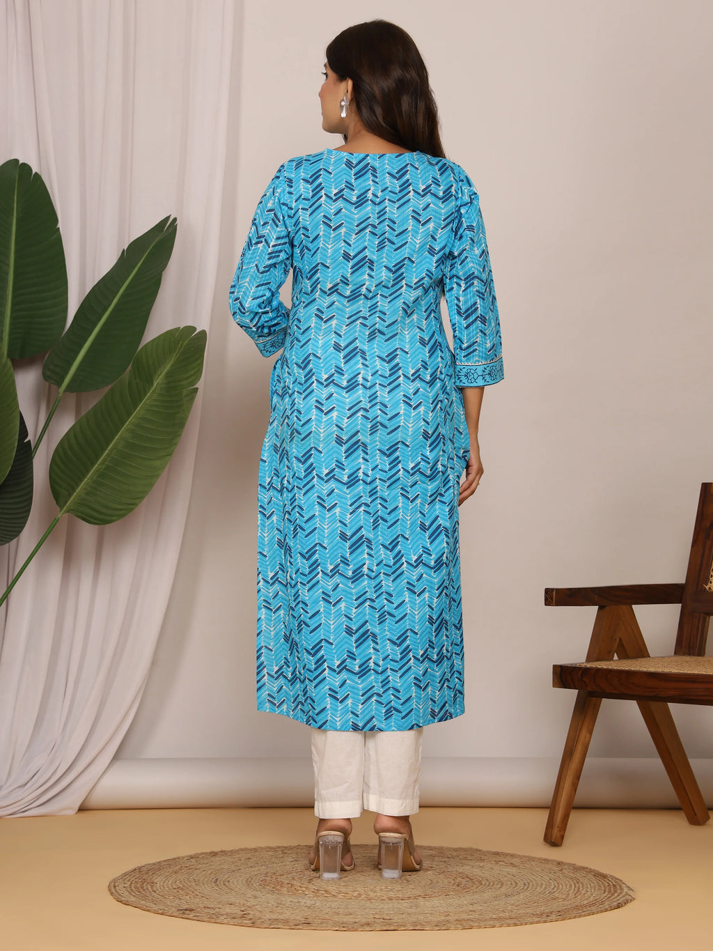 Sanganeri Zig Zag Print Blue Cotton Kurti