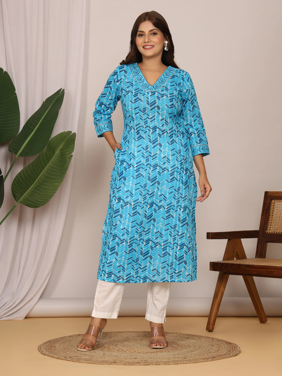 Sanganeri Zig Zag Print Blue Cotton Kurti