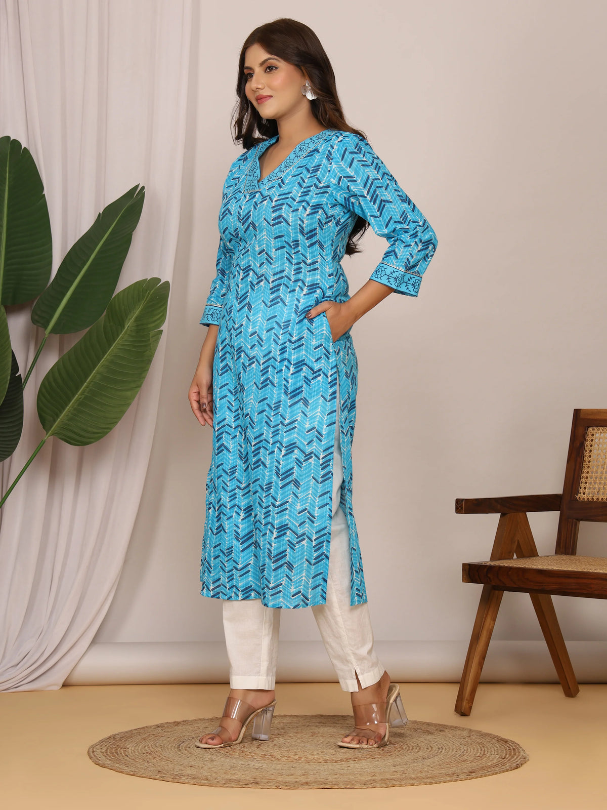 Sanganeri Zig Zag Print Blue Cotton Kurti