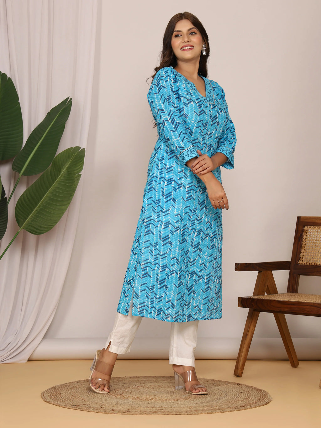 Sanganeri Zig Zag Print Blue Cotton Kurti