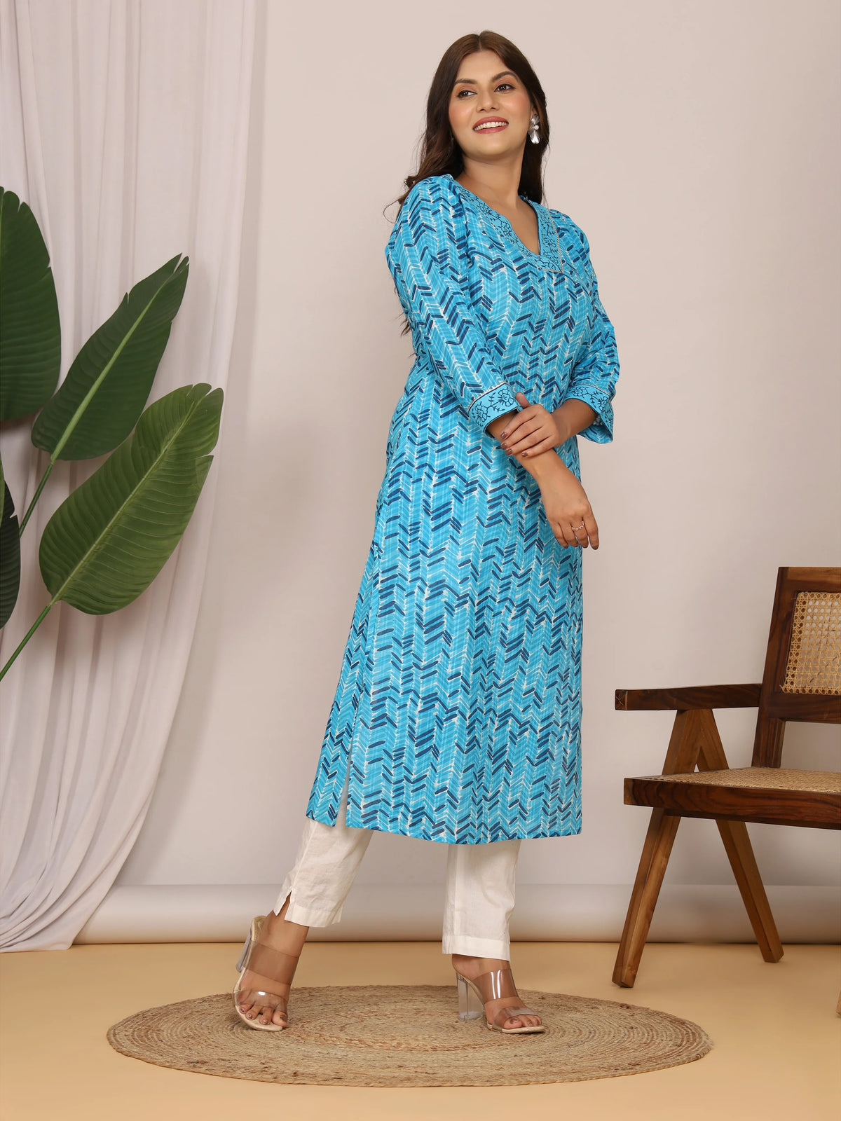 Sanganeri Zig Zag Print Blue Cotton Kurti