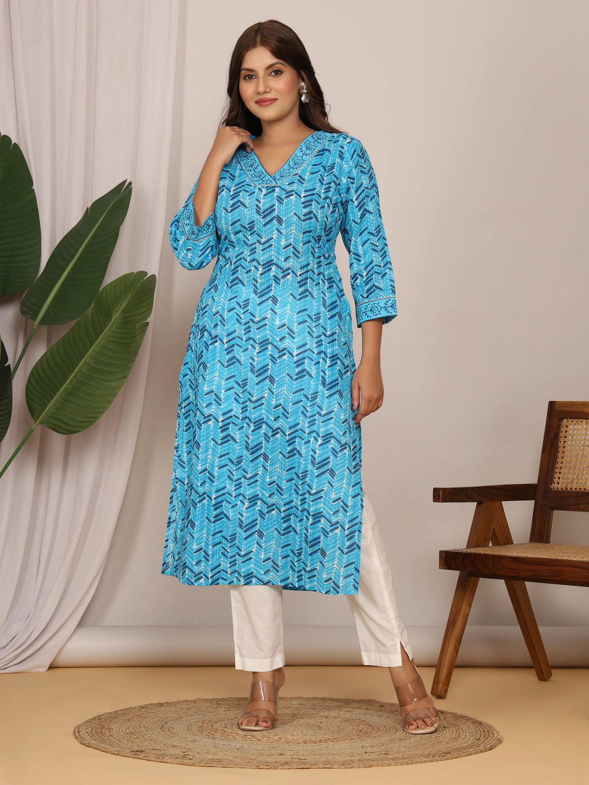 Sanganeri Zig Zag Print Blue Cotton Kurti