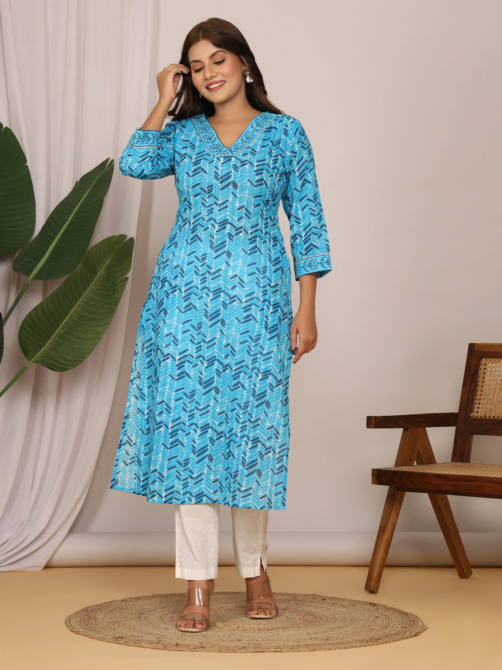 Sanganeri Zig Zag Print Blue Cotton Kurti