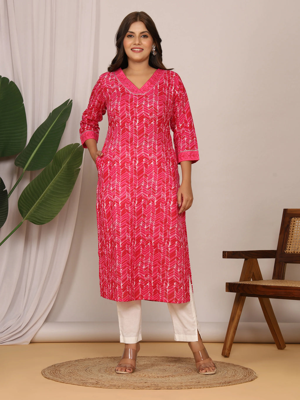 Sanganeri Zig Zag Print Pink Cotton Kurti