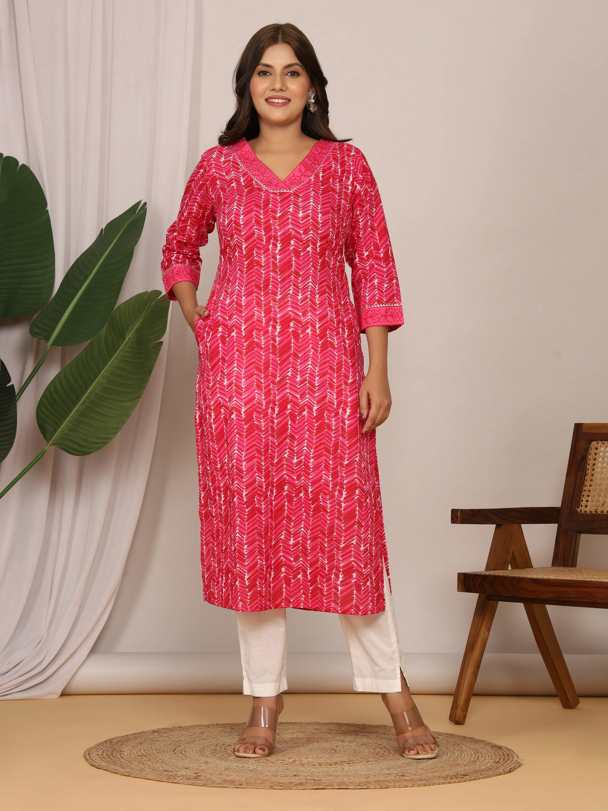 Sanganeri Zig Zag Print Pink Cotton Kurti
