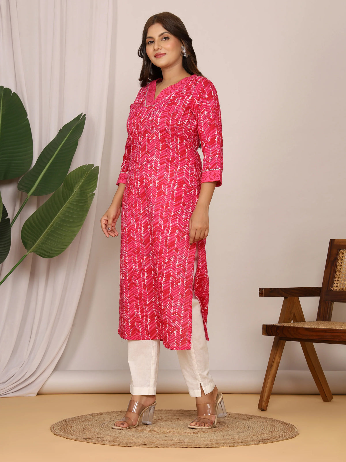 Sanganeri Zig Zag Print Pink Cotton Kurti