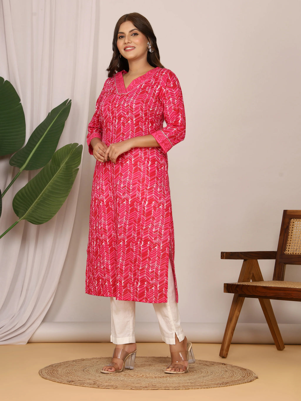 Sanganeri Zig Zag Print Pink Cotton Kurti