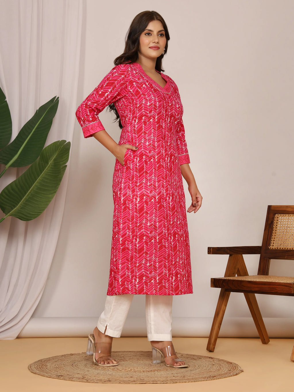 Sanganeri Zig Zag Print Pink Cotton Kurti