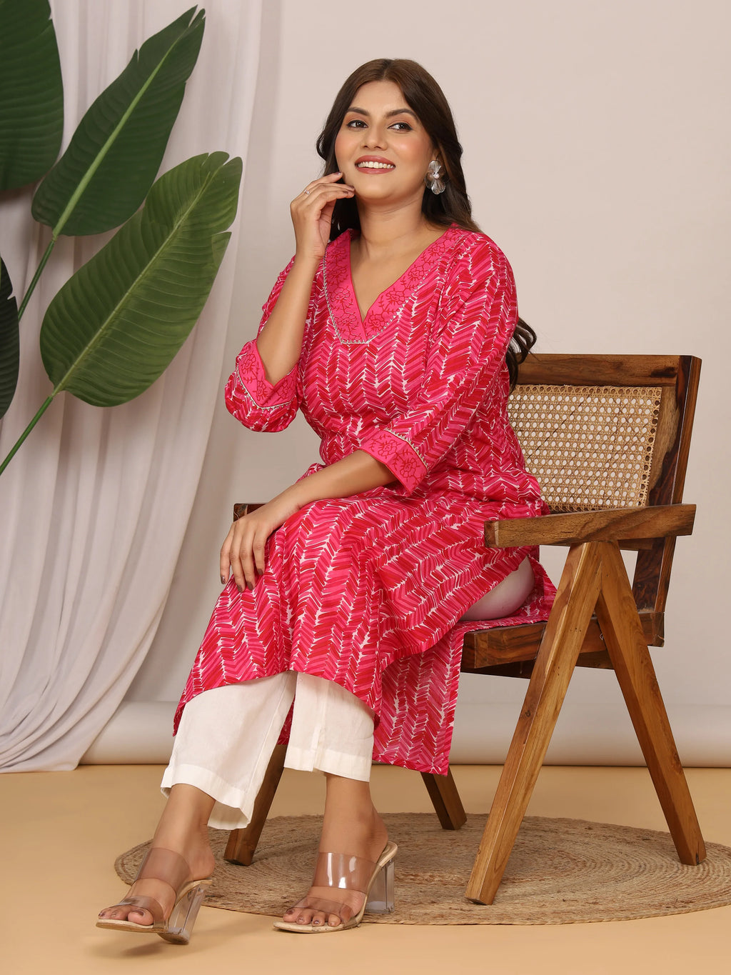 Sanganeri Zig Zag Print Pink Cotton Kurti
