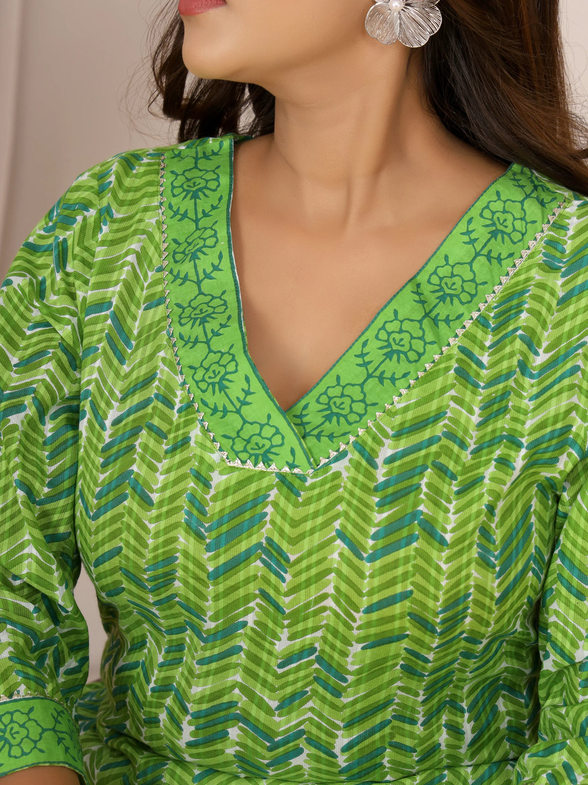 Sanganeri Zig Zag Print Green Cotton Kurti