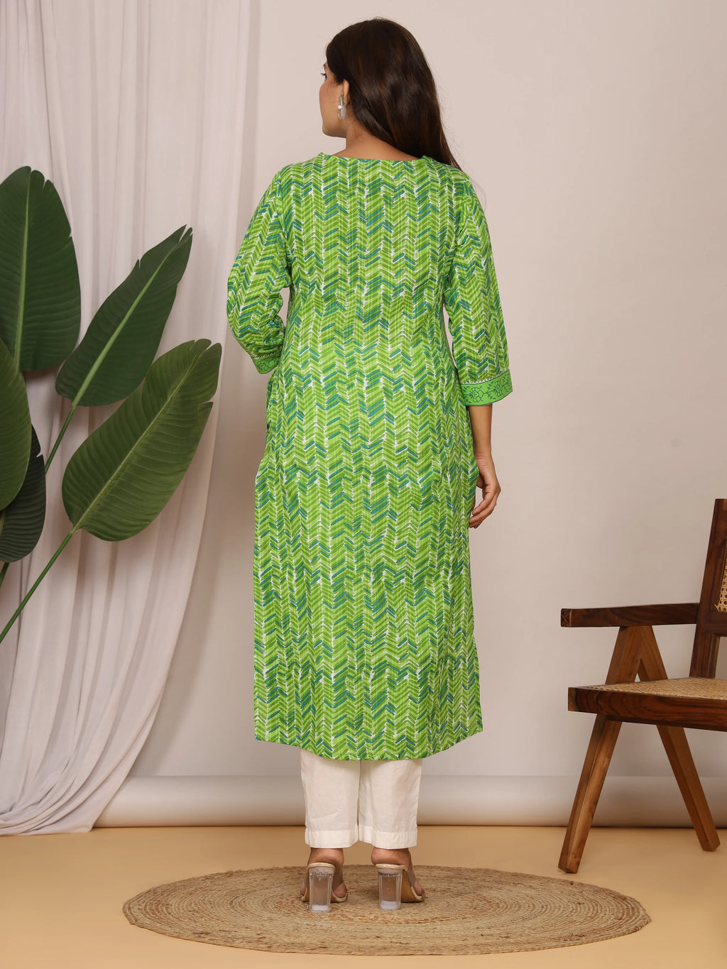 Sanganeri Zig Zag Print Green Cotton Kurti