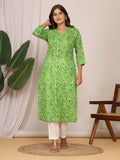 Sanganeri Zig Zag Print Green Cotton Kurti