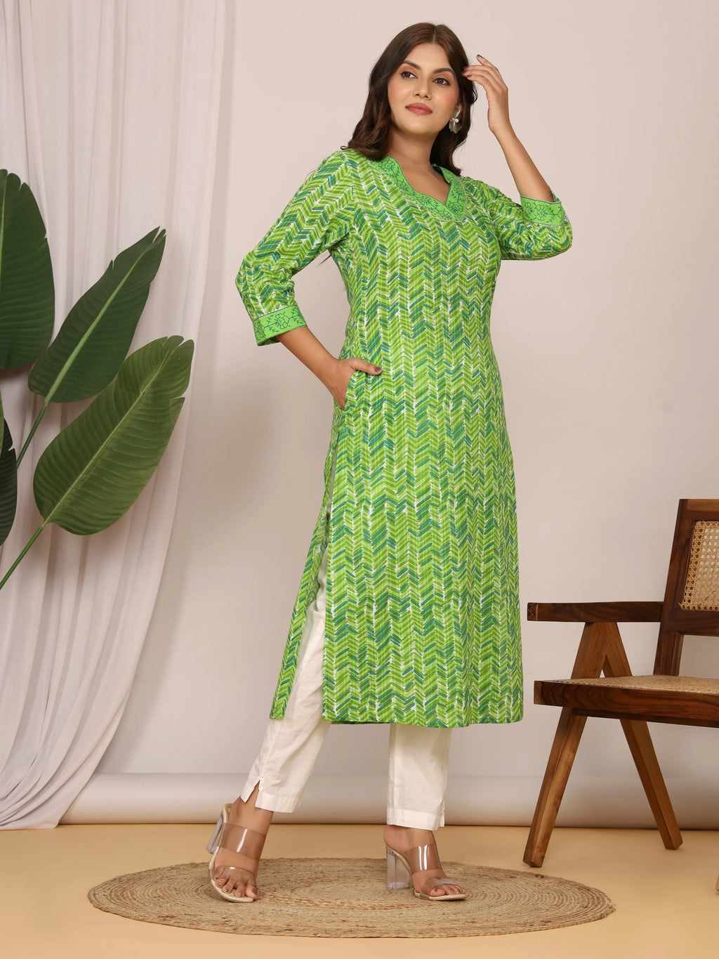 Sanganeri Zig Zag Print Green Cotton Kurti