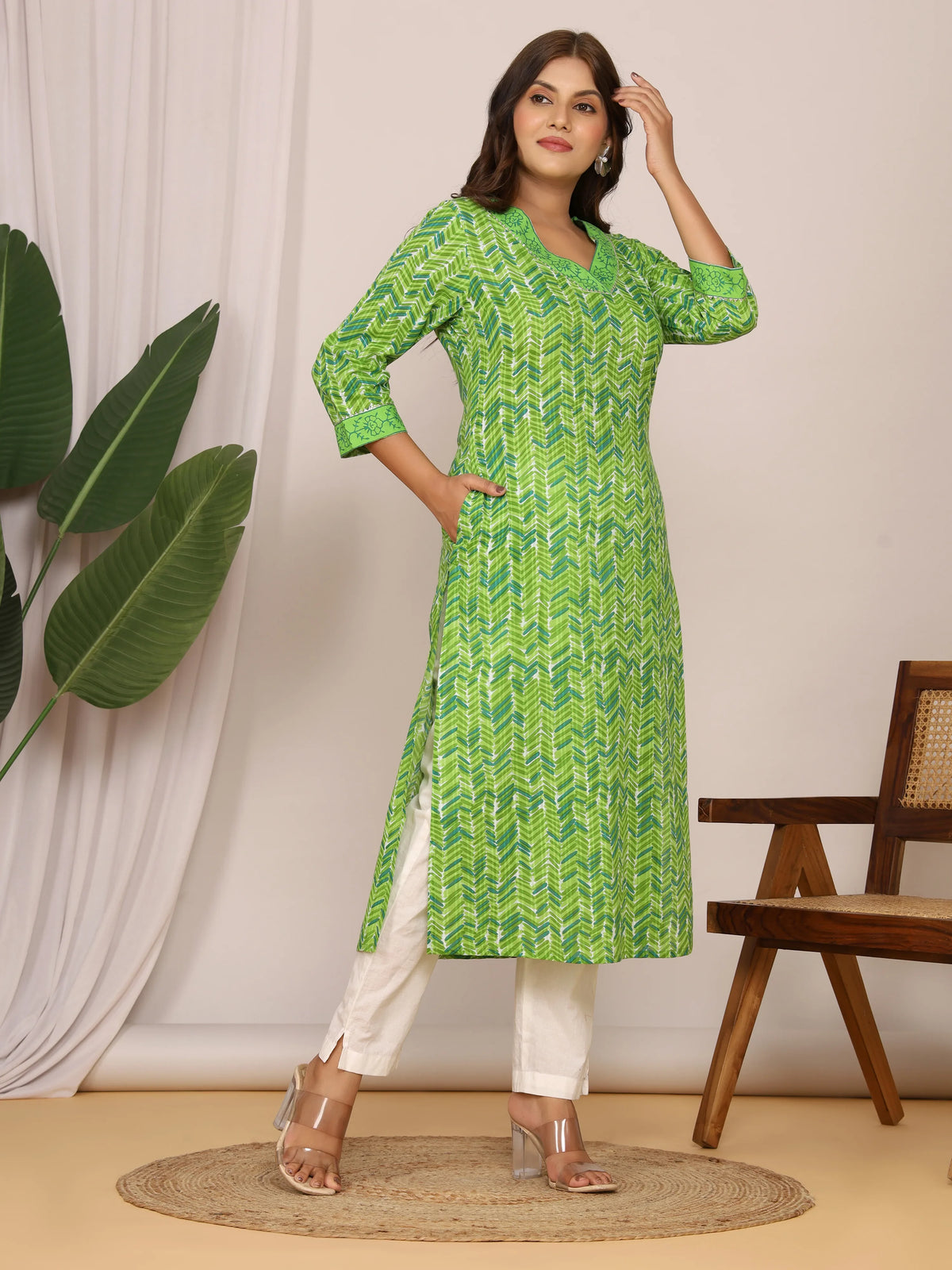 Sanganeri Zig Zag Print Green Cotton Kurti