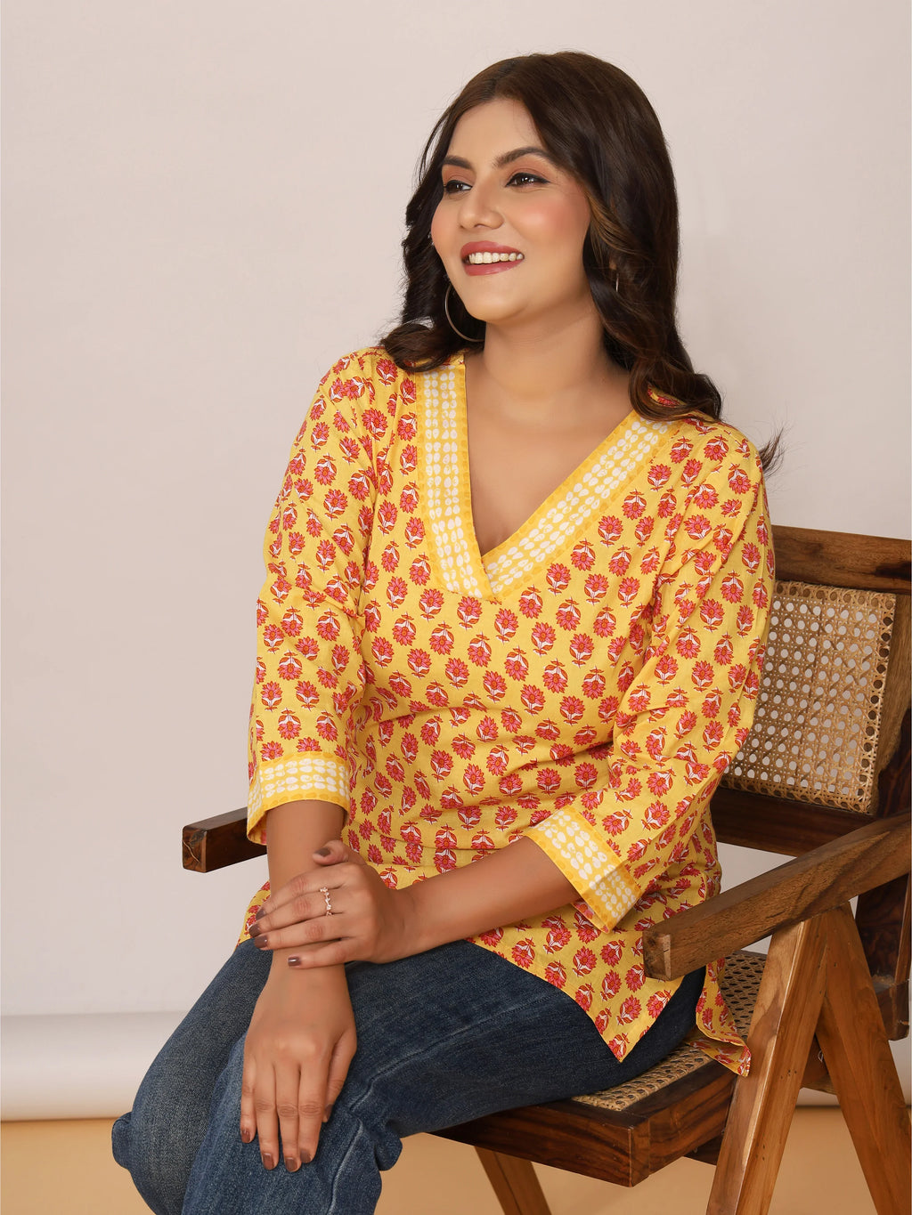 Sanganeri Yellow & Red Floral Buti Print Cotton Top