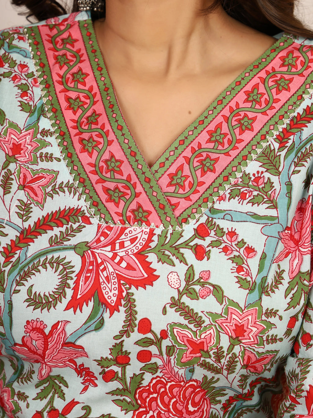 Sanganeri Floral Print Light Blue Cotton Kurti