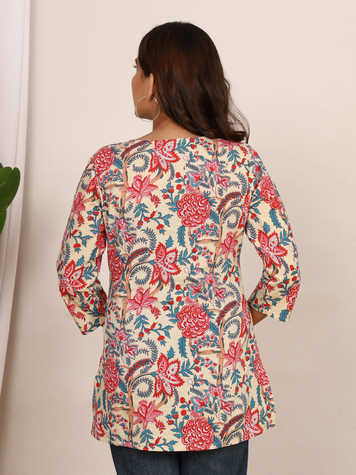 Sanganeri Beige & Red Floral Print Pure Cotton Top
