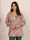 Sanganeri Beige & Red Floral Print Pure Cotton Top