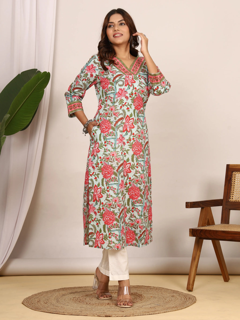 Sanganeri Floral Print Light Blue Cotton Kurti