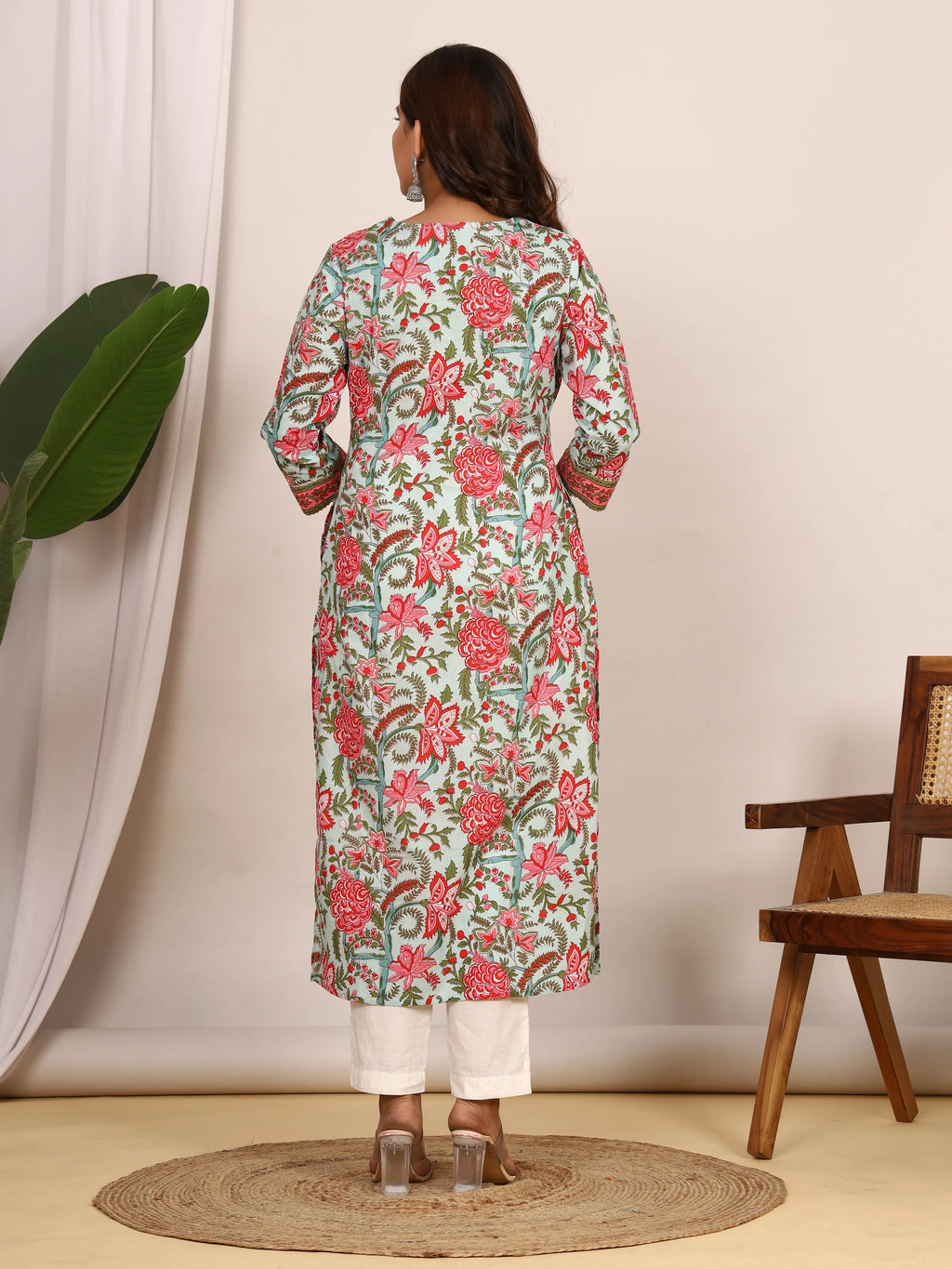 Sanganeri Floral Print Light Blue Cotton Kurti