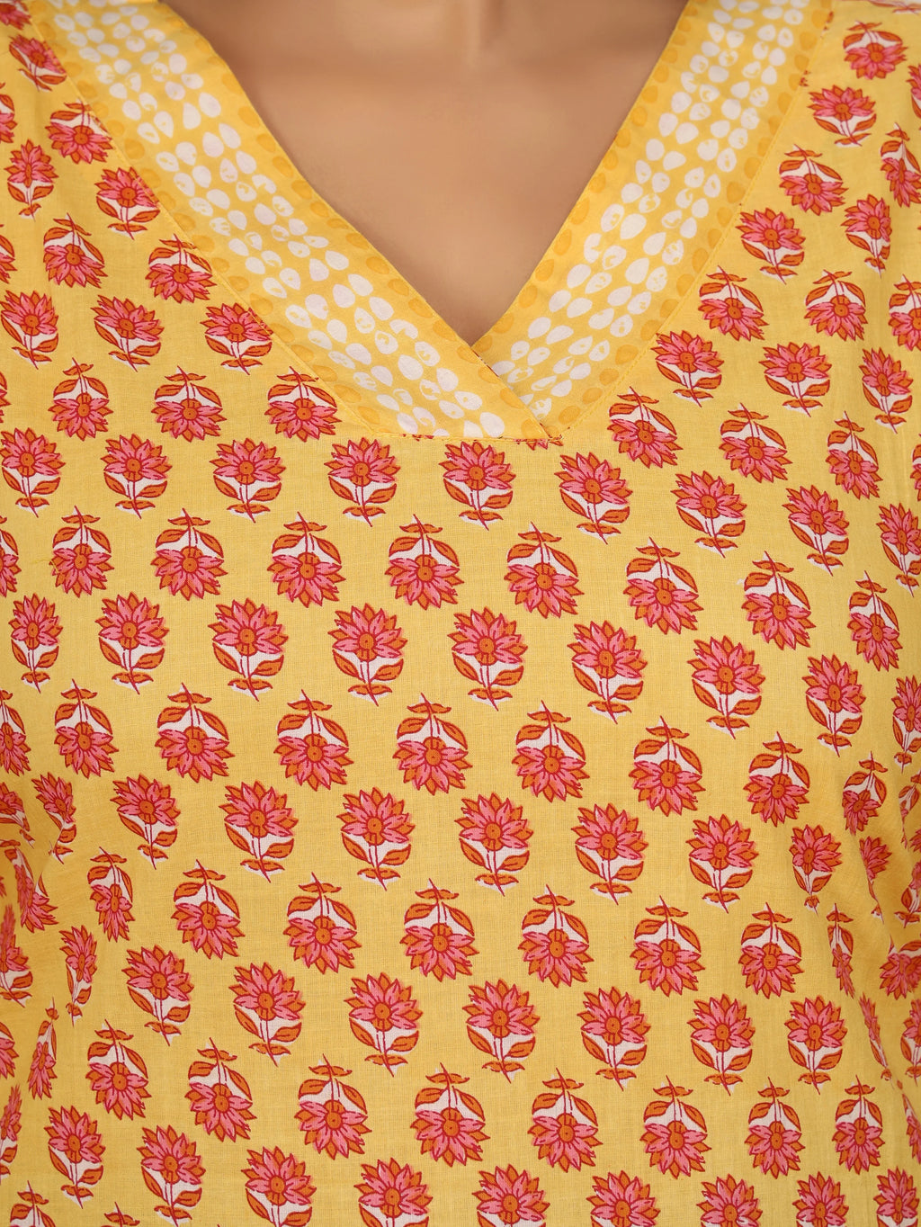 Sanganeri Yellow & Red Floral Buti Print Cotton Top