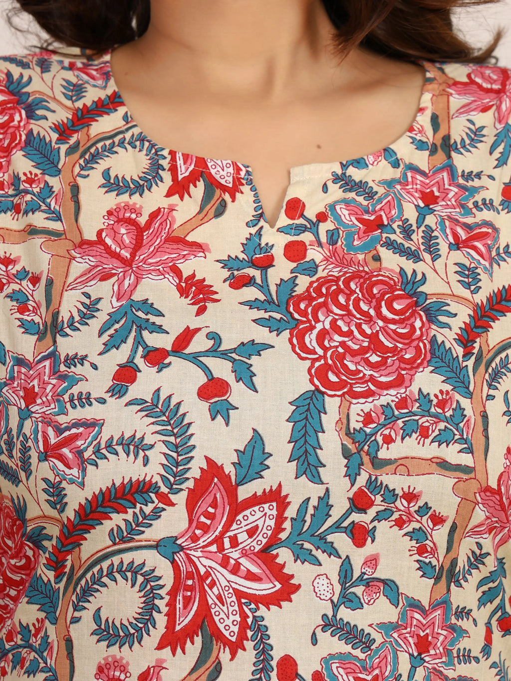 Sanganeri Beige & Red Floral Print Pure Cotton Top
