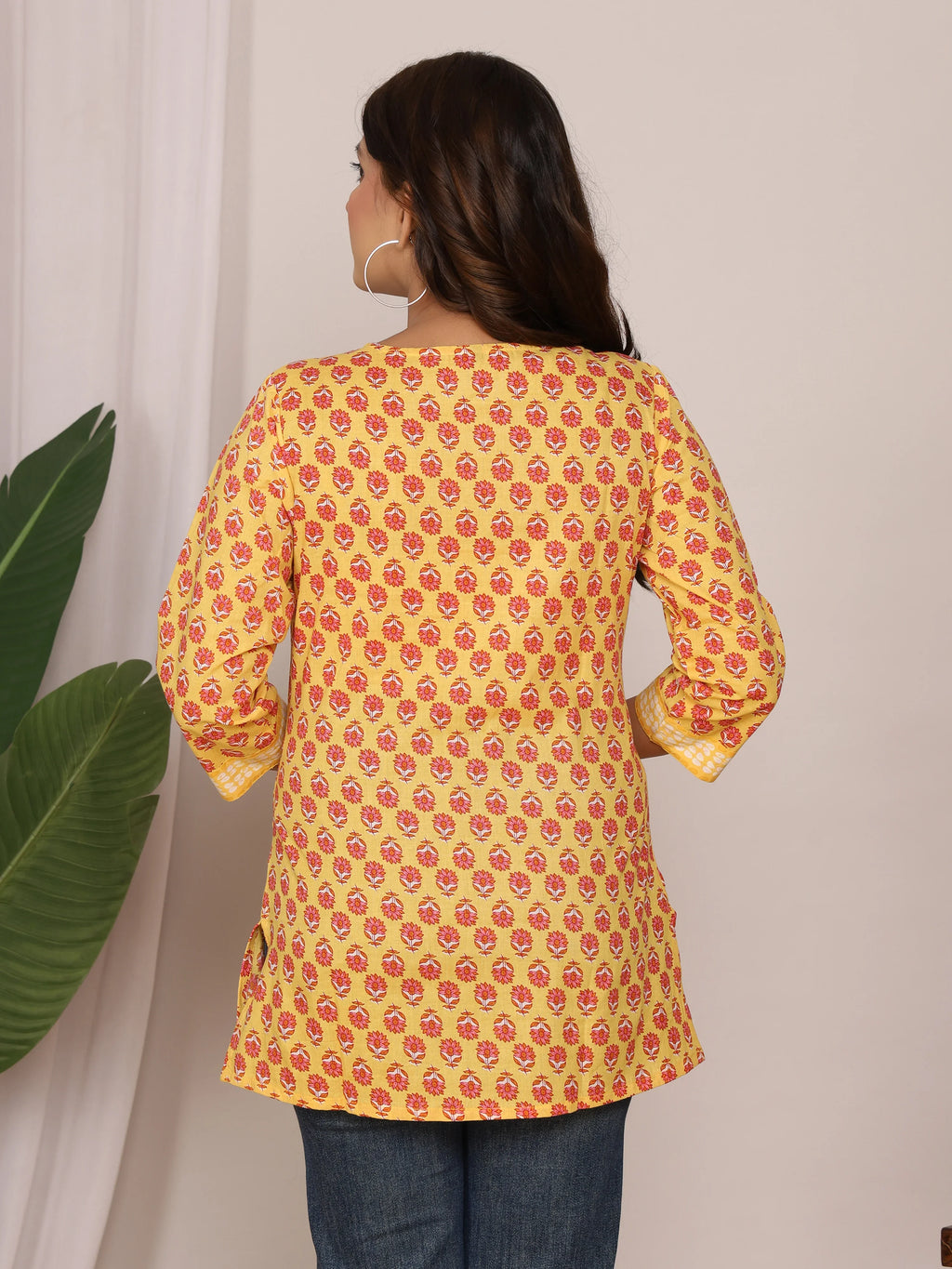 Sanganeri Yellow & Red Floral Buti Print Cotton Top